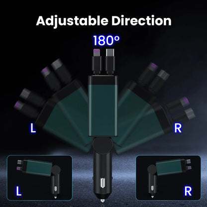 Retractable Car Charger Adapter, 150W Fast Charger for Car, 4 in 1 Car Phone Charger with Cables(2.6Ft), 180° Adjustable,Voltage Display-Green